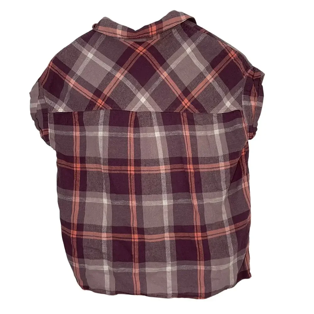 Sanctuary Plaid Short Sleeve Button Up Shirt Womens Size S Purple Pink Linen - Picture 2 of 7